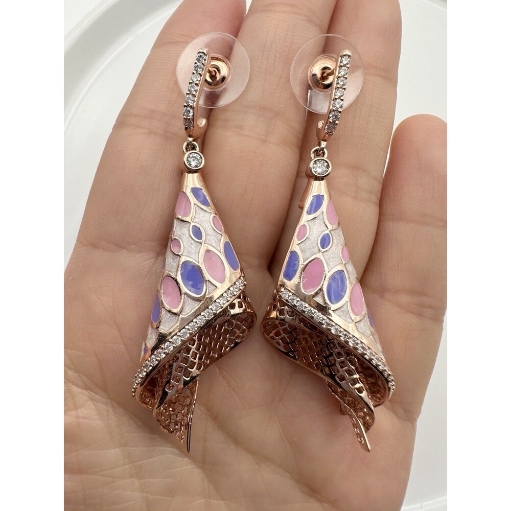 Rose Gold Plated Enamel Rhinestone CZ Fan Shape Earrings